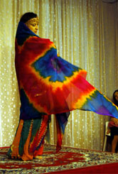 dancer wearing boldly colored costume with matching veil