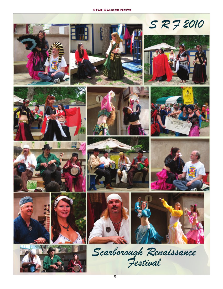 a page from the Star Dancer News showing a collage of many dancers performing and having fun at Scarborough Faire