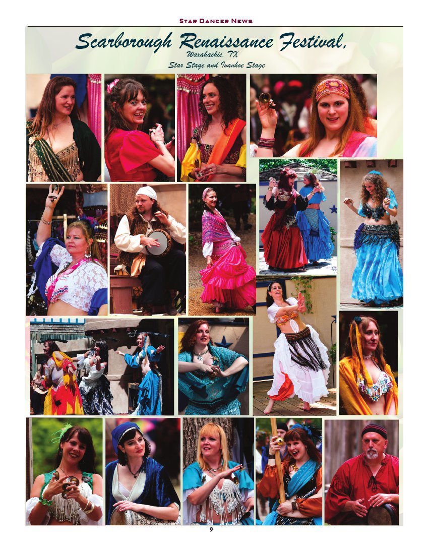 a page from the Star Dancer News showing a collage of many dancers performing and having fun at Scarborough Faire